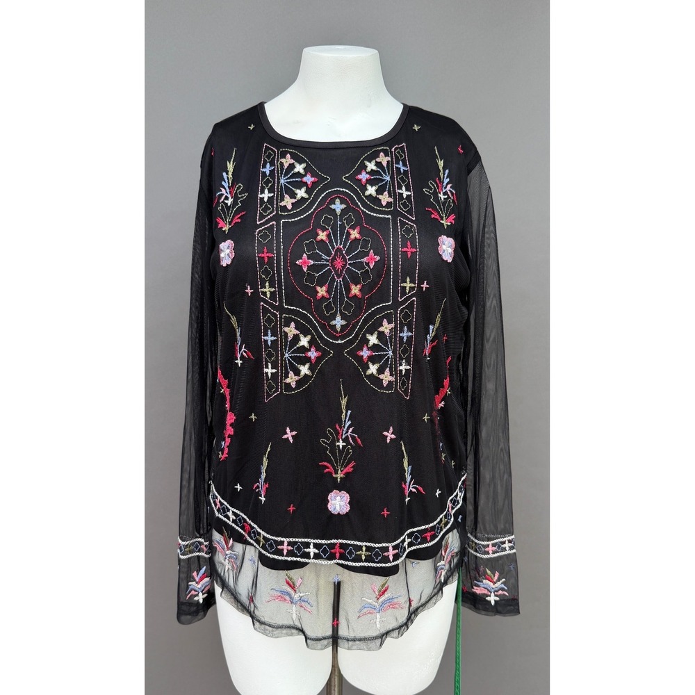 Life Style Womens L Black Embroidered Mesh Top Sheer Long Sleeve Boho‎ Festival